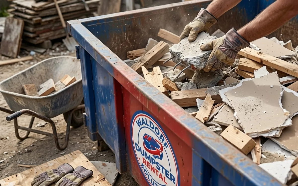 Concrete and Heavy Debris Disposal in Waldorf Dumpster loaded with broken concrete and heavy debris in Waldorf
