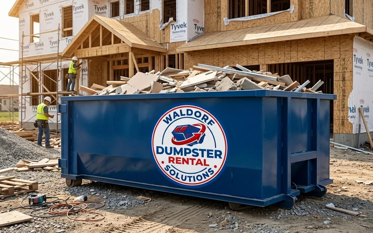 Construction Debris Disposal Rules Every Waldorf Homeowner Should Know Roll-off dumpster on a Waldorf driveway loaded with construction debris