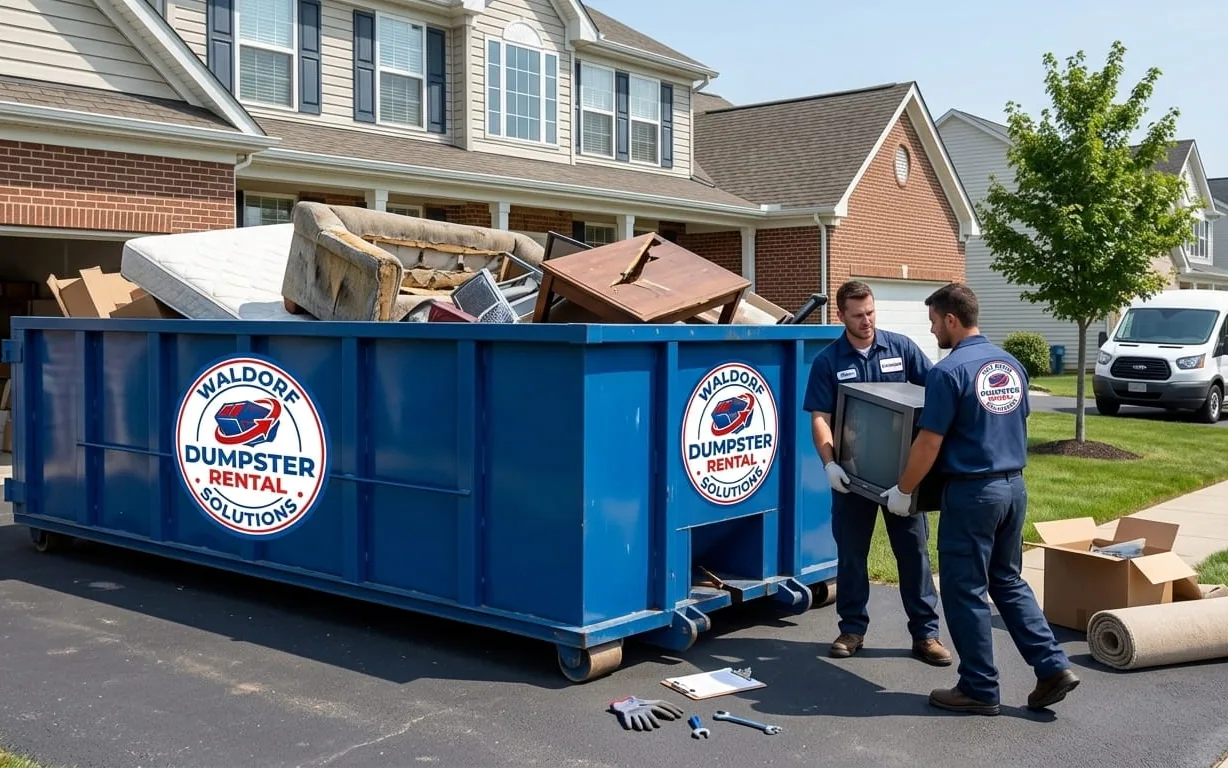 Dumpster outside an older Southern Maryland home renovation near Waldorf